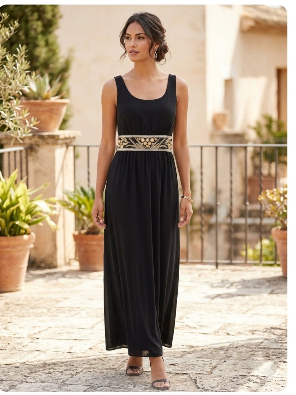 Vintage Black tie Oleg Cassini Black Evening Dress with Gold Beaded Waist